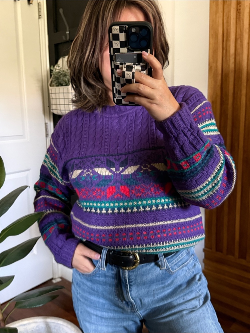 Vintage Claybrooke Unisex Purple Fair Isle Cable Knit Sweater Retro Ski. M